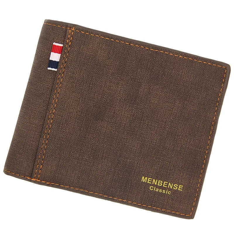 Men's retro style tri-fold wallet in black, navy, dark brown, or light brown with large capacity short design.