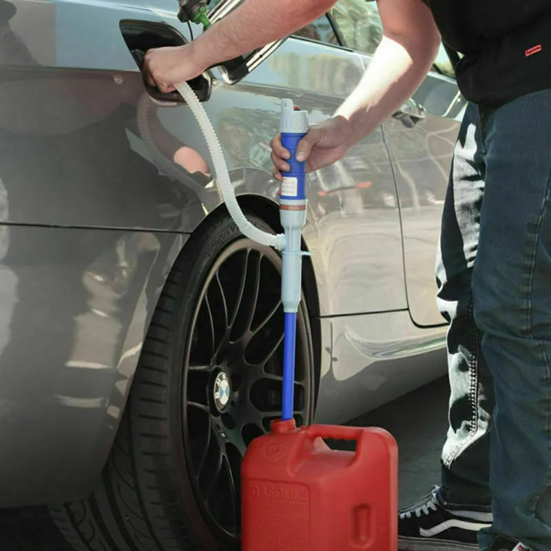 Blue manual hand siphon pump for transferring gasoline and oil.