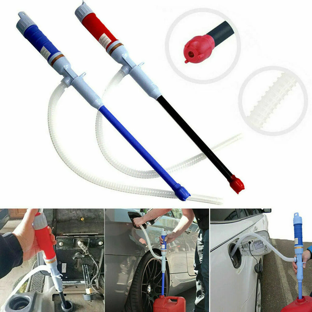 Blue manual hand siphon pump for transferring gasoline and oil.