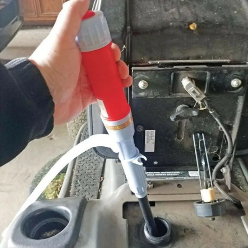 Blue manual hand siphon pump for transferring gasoline and oil.
