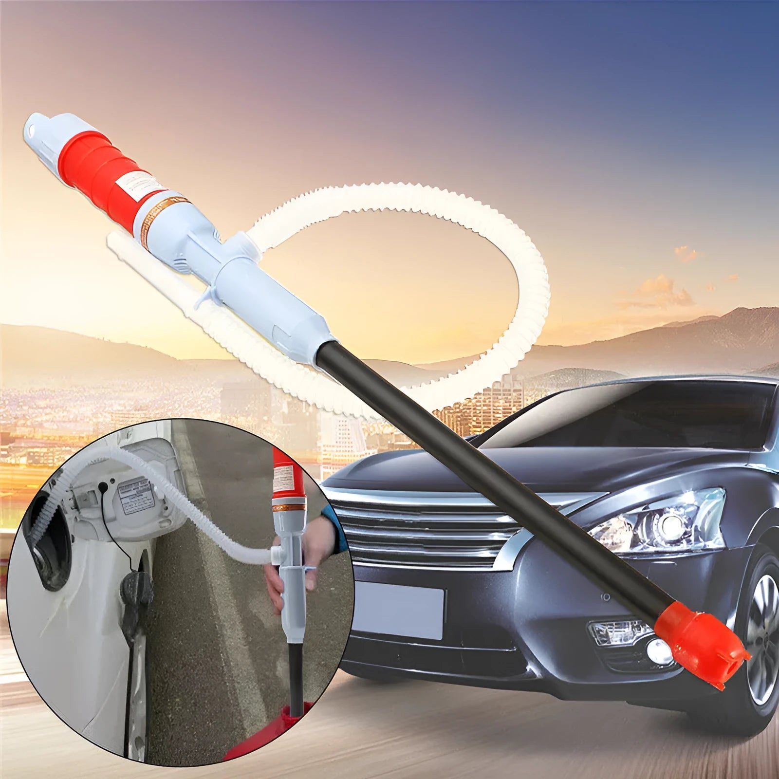 Blue manual hand siphon pump for transferring gasoline and oil.