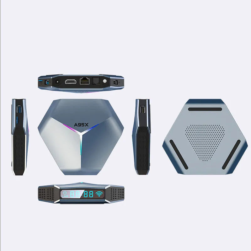 Android 8K TV set-top box with remote control, HDMI cable, and international power adapters