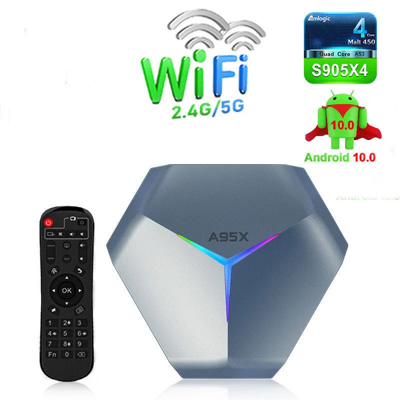 Android 8K TV set-top box with remote control, HDMI cable, and international power adapters