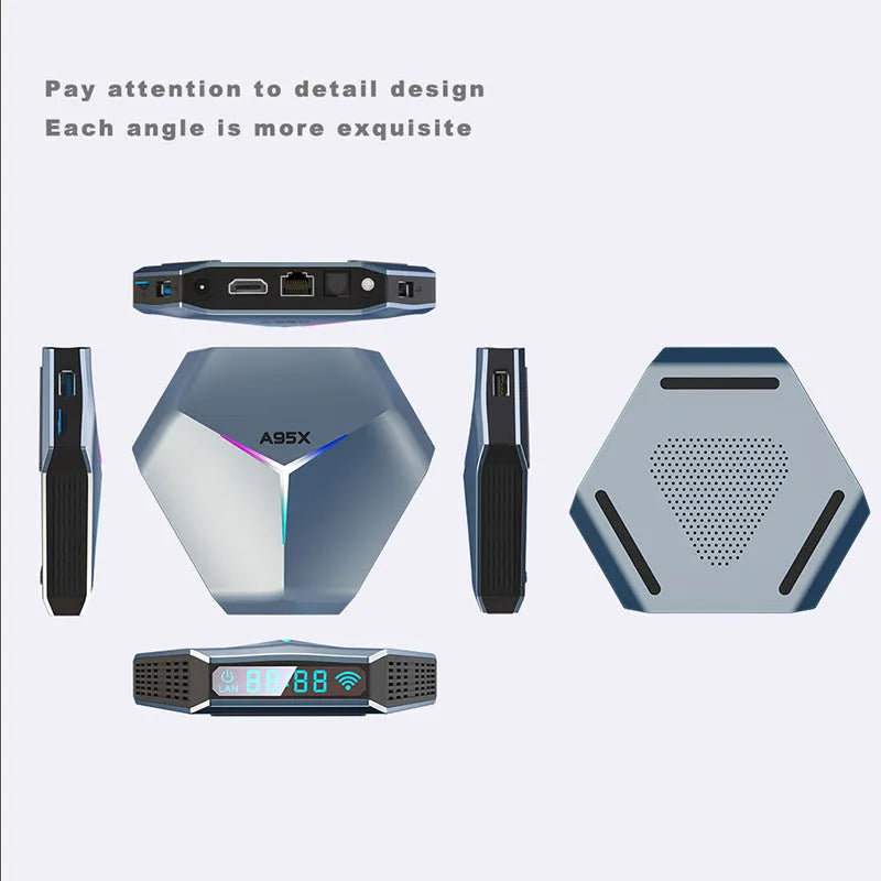 Android 8K TV set-top box with remote control, HDMI cable, and international power adapters