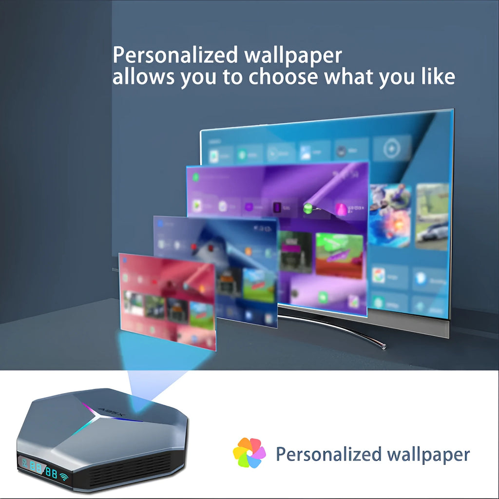 Android 8K TV set-top box with remote control, HDMI cable, and international power adapters