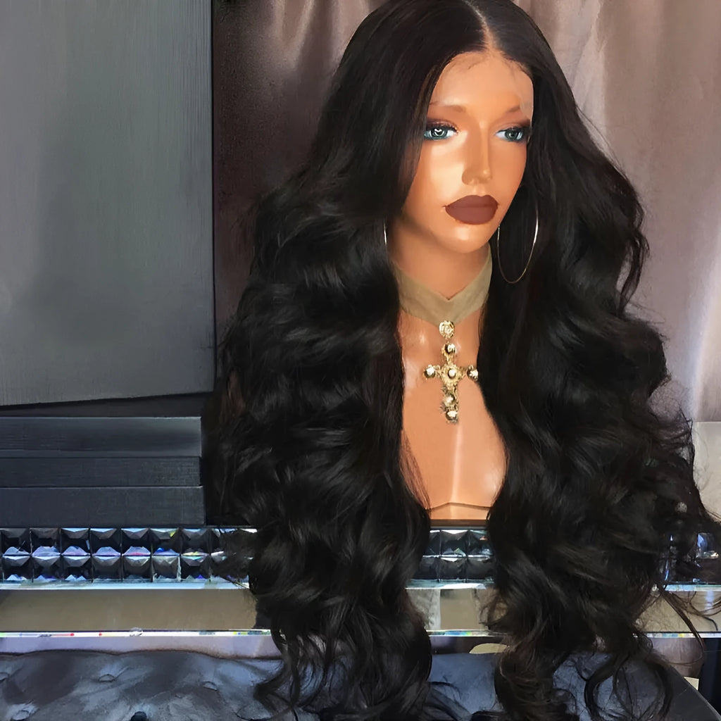 Black big wave ladies fashion wig with front lace and long straight hair