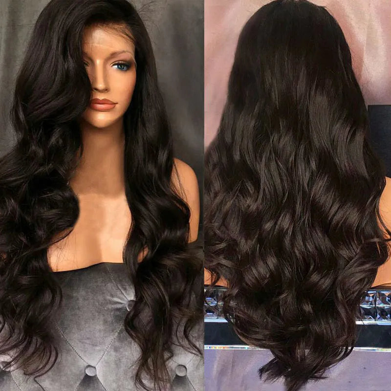 Black big wave ladies fashion wig with front lace and long straight hair