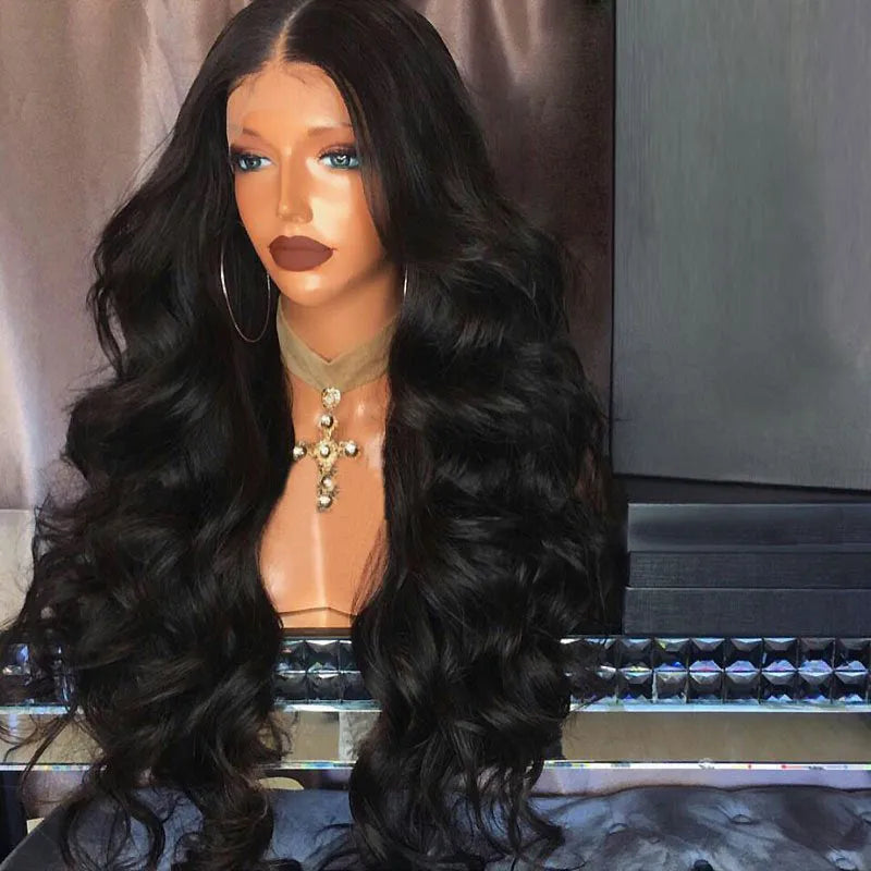 Black big wave ladies fashion wig with front lace and long straight hair