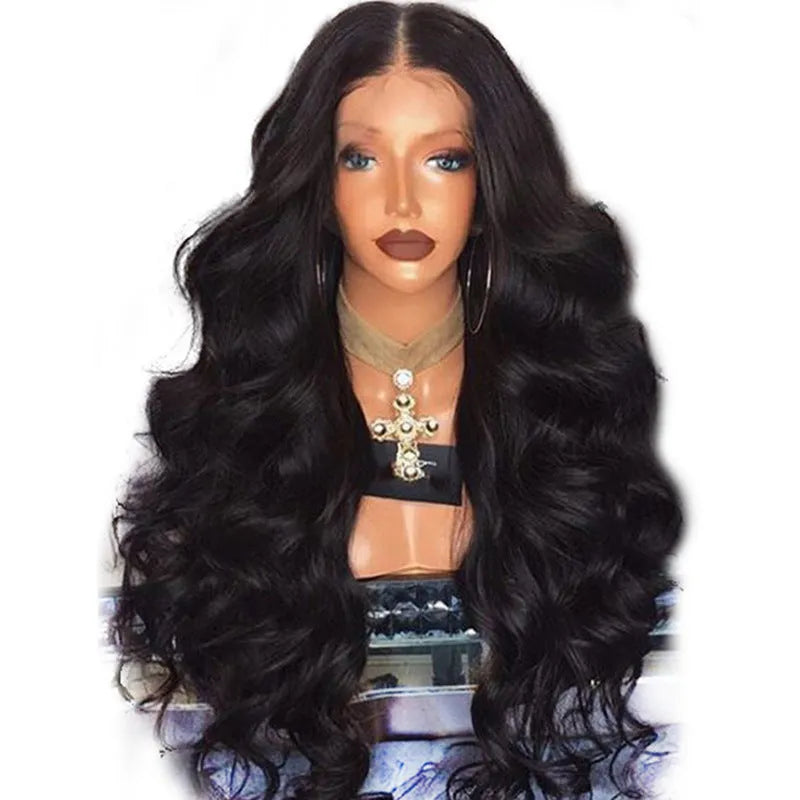 Black big wave ladies fashion wig with front lace and long straight hair