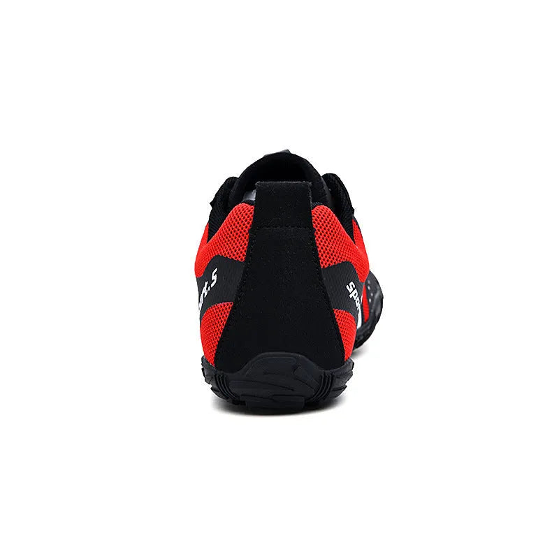 A pair of quick-drying outdoor wading shoes with a mesh upper and rubber sole in black, orange, or red.