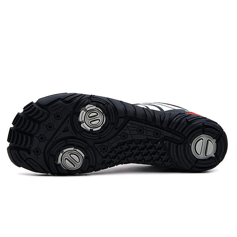 A pair of quick-drying outdoor wading shoes with a mesh upper and rubber sole in black, orange, or red.