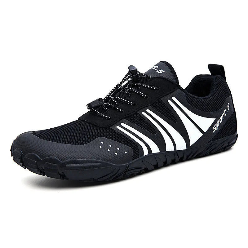 A pair of quick-drying outdoor wading shoes with a mesh upper and rubber sole in black, orange, or red.