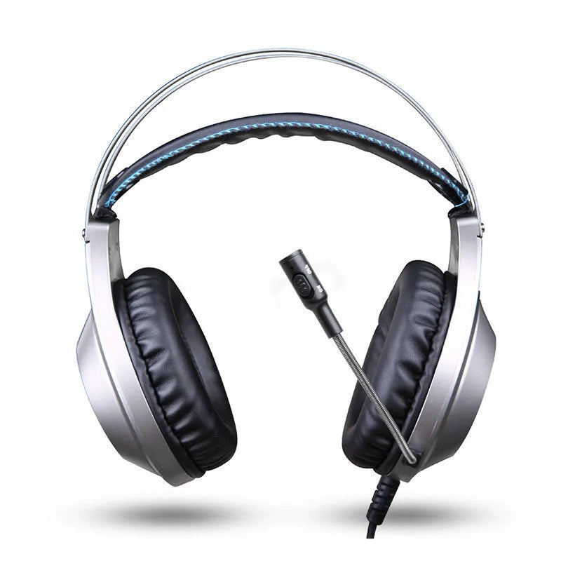 Black wired USB over-ear computer headset with a built-in microphone on the cable.