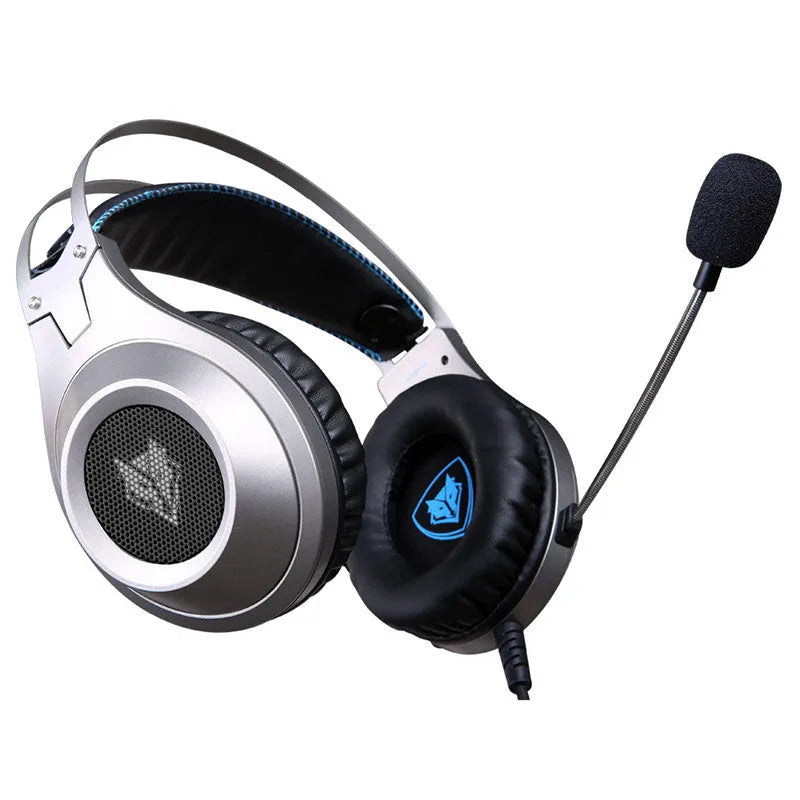 Black wired USB over-ear computer headset with a built-in microphone on the cable.