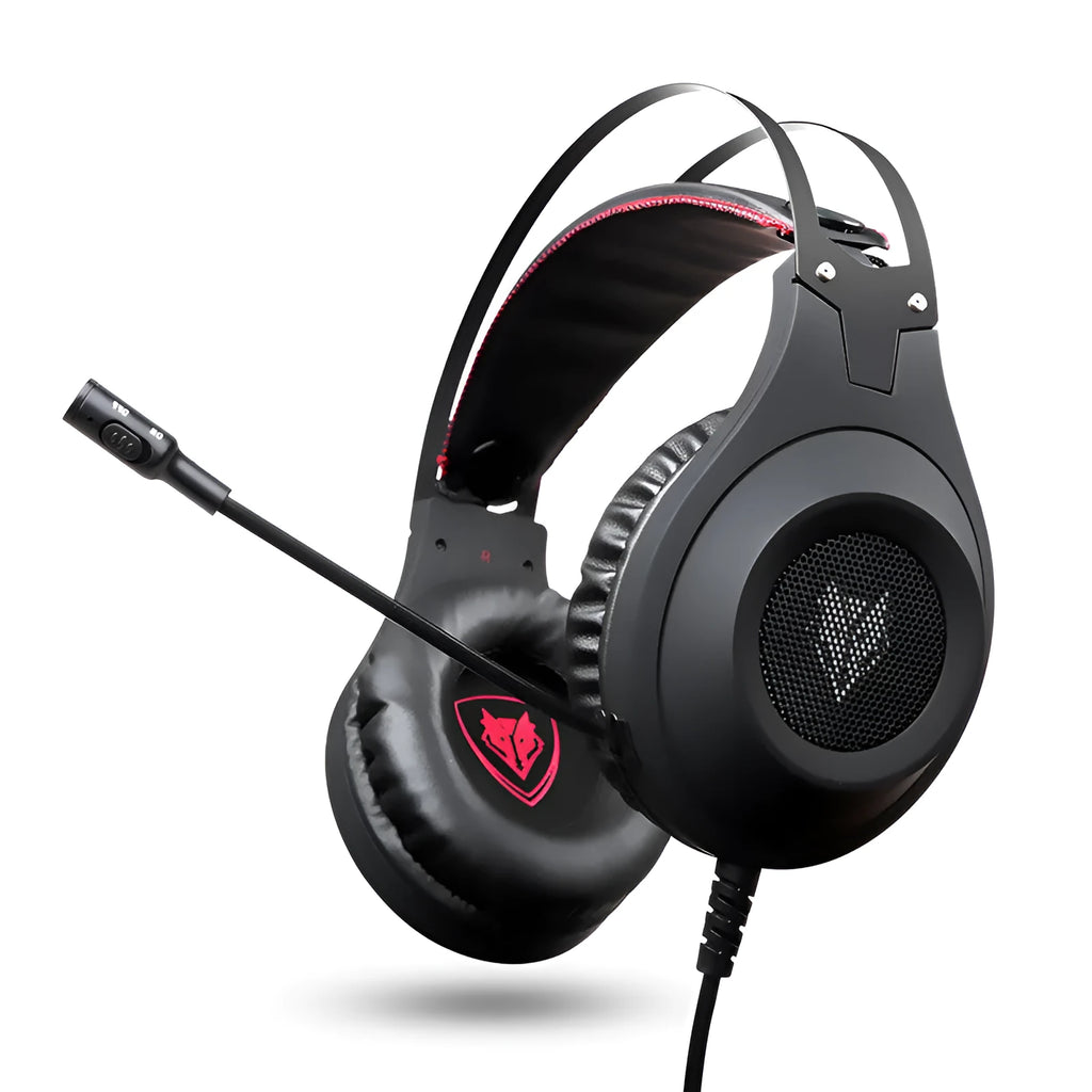 Black wired USB over-ear computer headset with a built-in microphone on the cable.