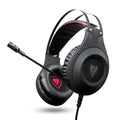 Black wired USB over-ear computer headset with a built-in microphone on the cable.