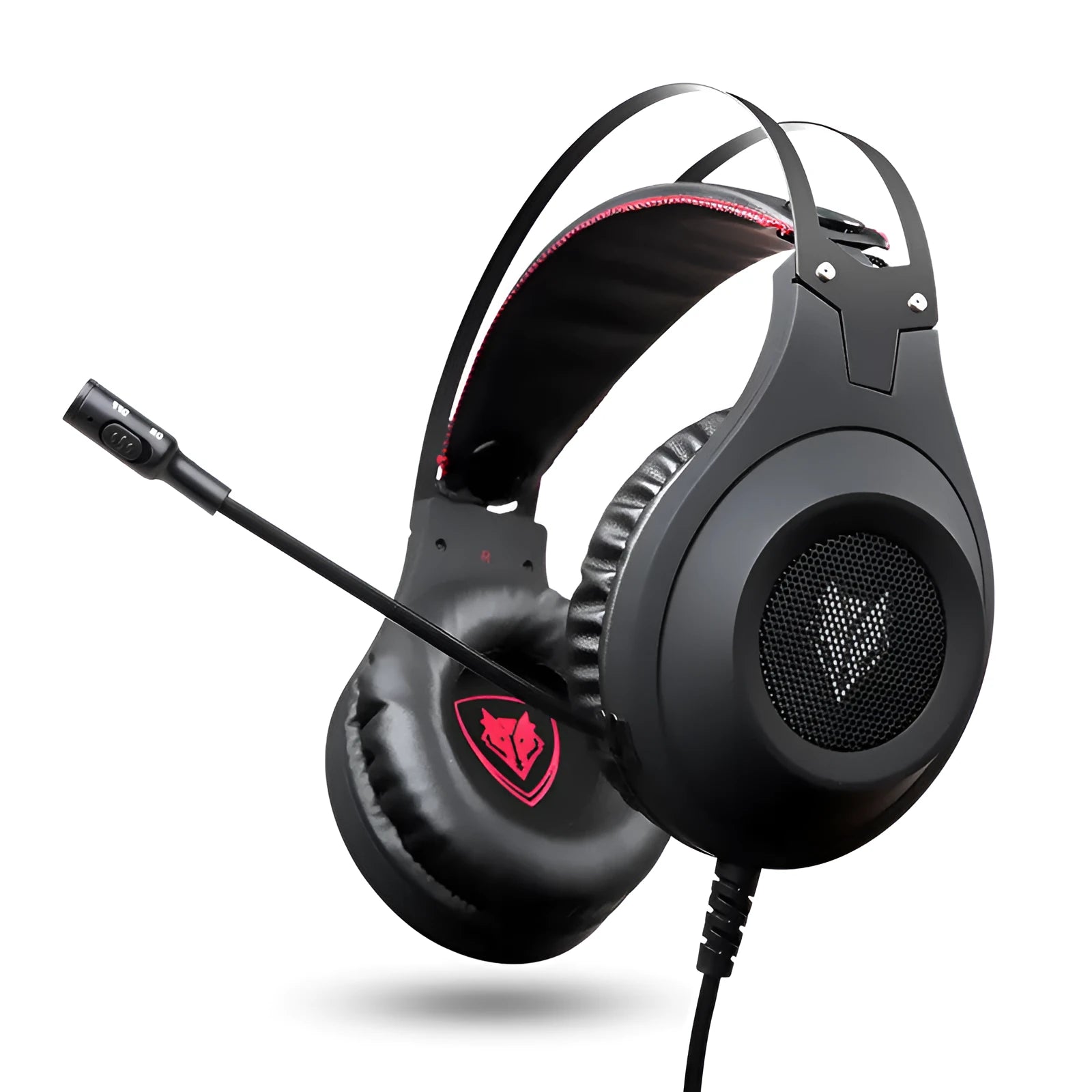 Black wired USB over-ear computer headset with a built-in microphone on the cable.