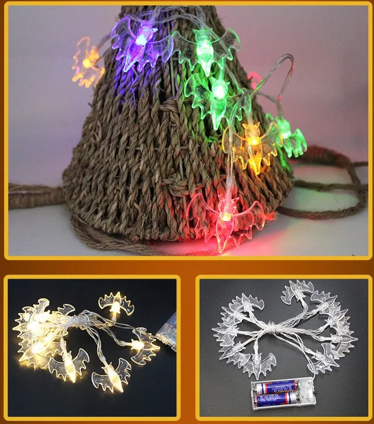 Halloween string lights with pumpkin, bat, and ghost LED lanterns hanging, showing white and coloured light options.