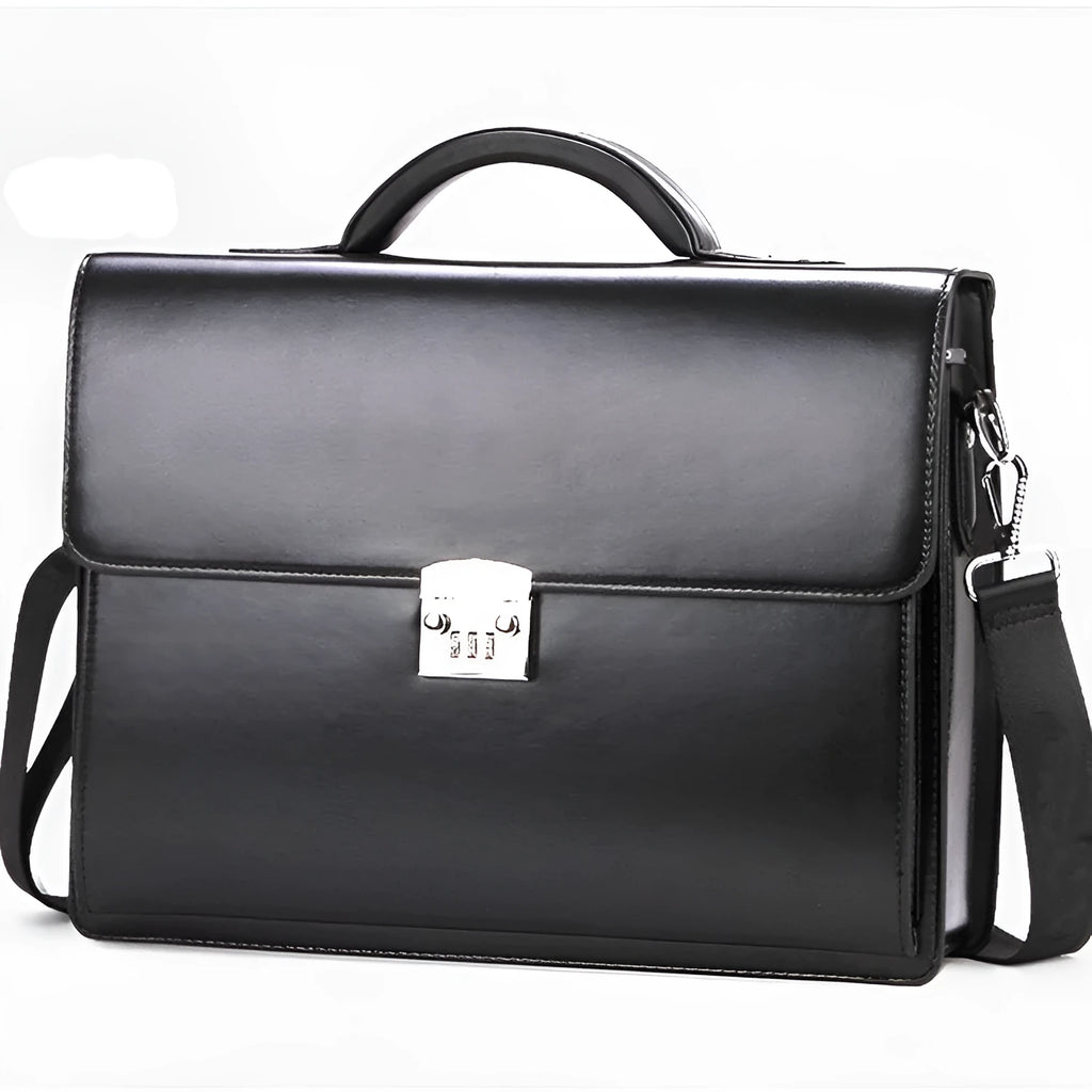 Black men's PU leather business briefcase with a single handle, shown in a horizontal square shape.