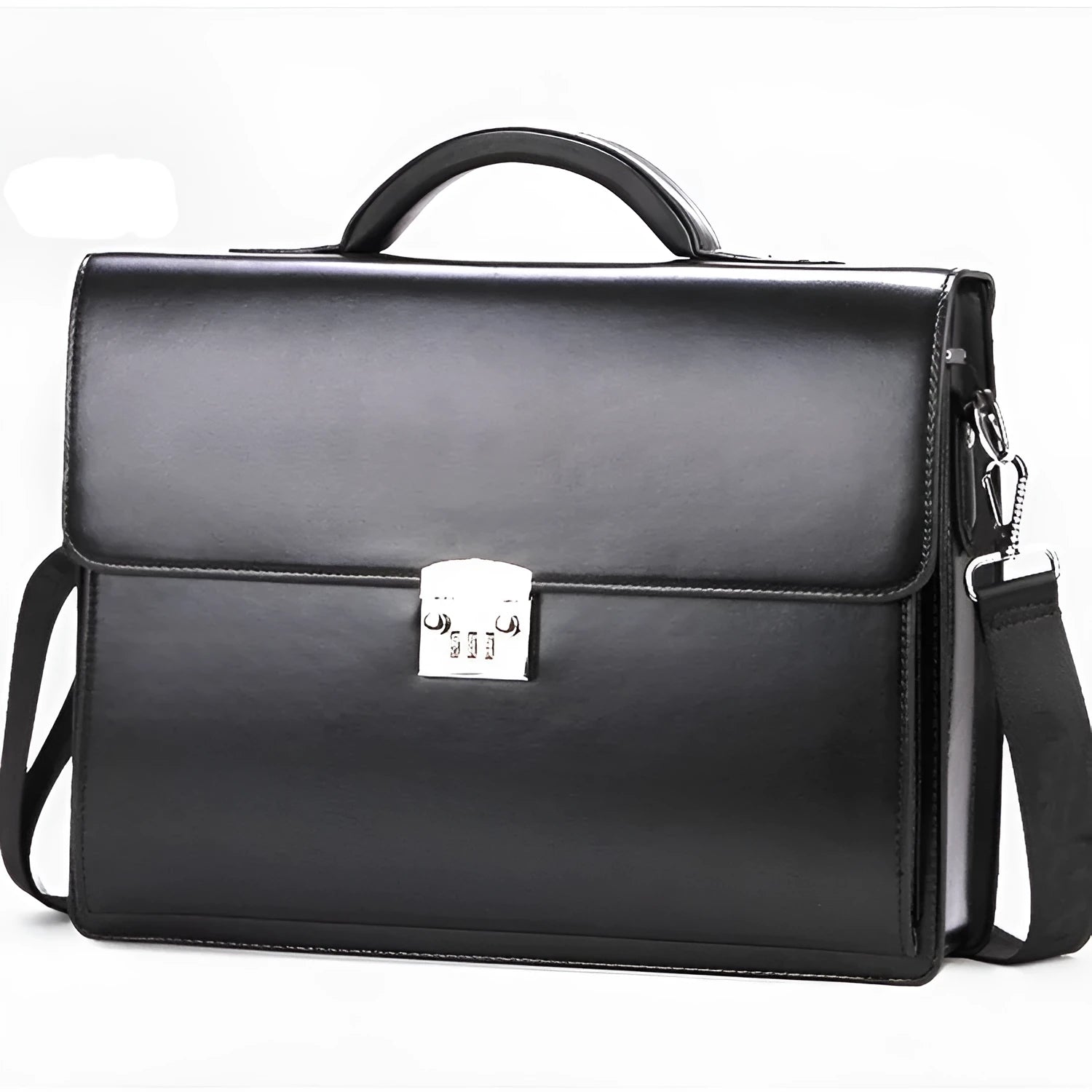 Black men's PU leather business briefcase with a single handle, shown in a horizontal square shape.