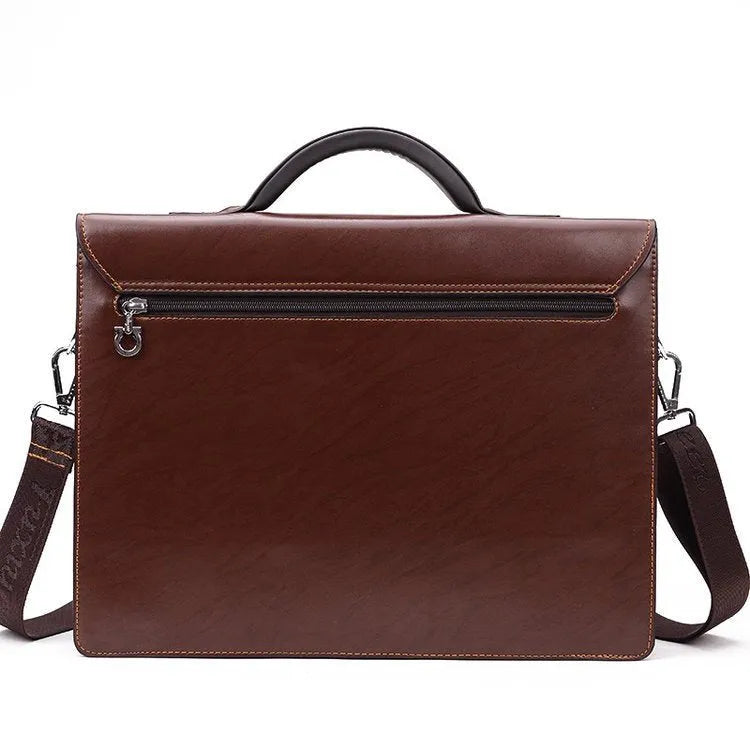 Black men's PU leather business briefcase with a single handle, shown in a horizontal square shape.