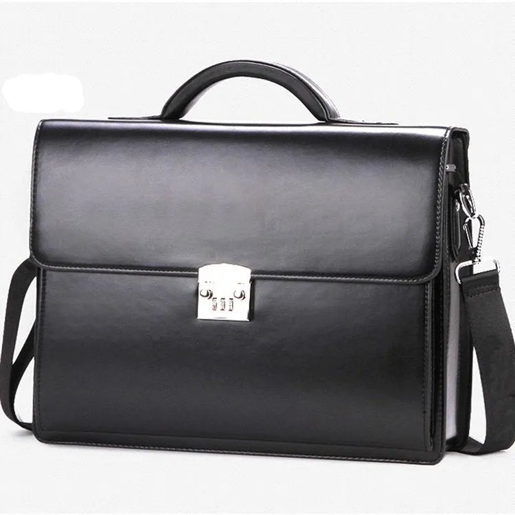 Black men's PU leather business briefcase with a single handle, shown in a horizontal square shape.