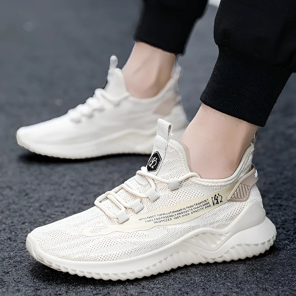 Men's white mesh sports shoes with rubber sole and lace-up closure