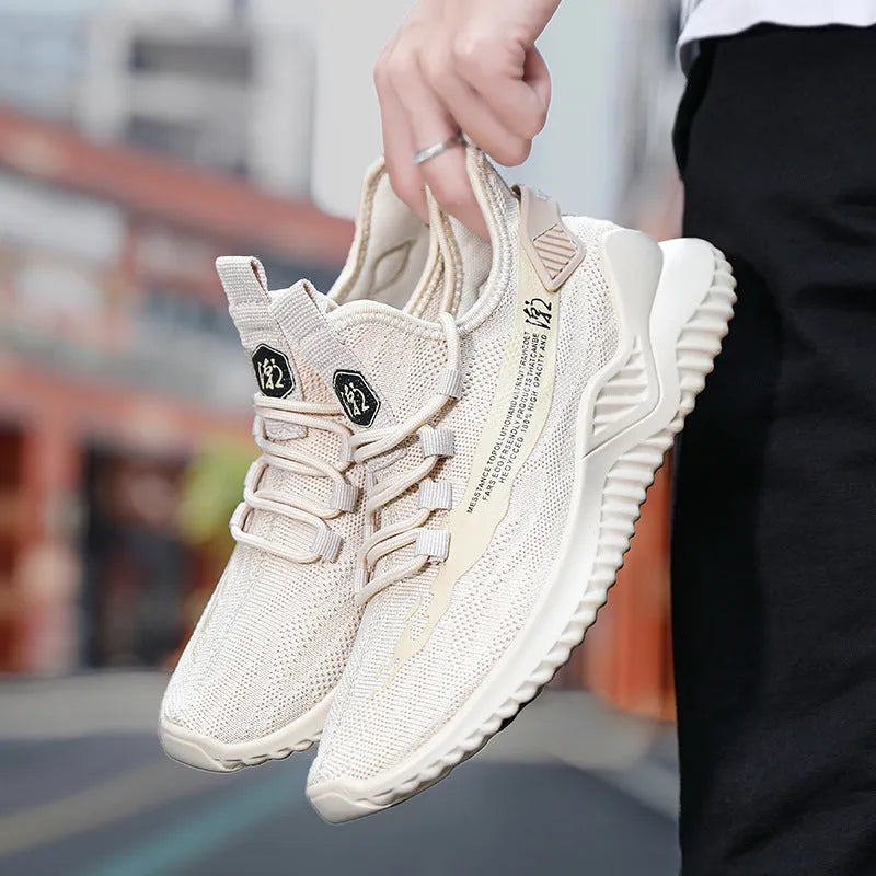 Men's white mesh sports shoes with rubber sole and lace-up closure