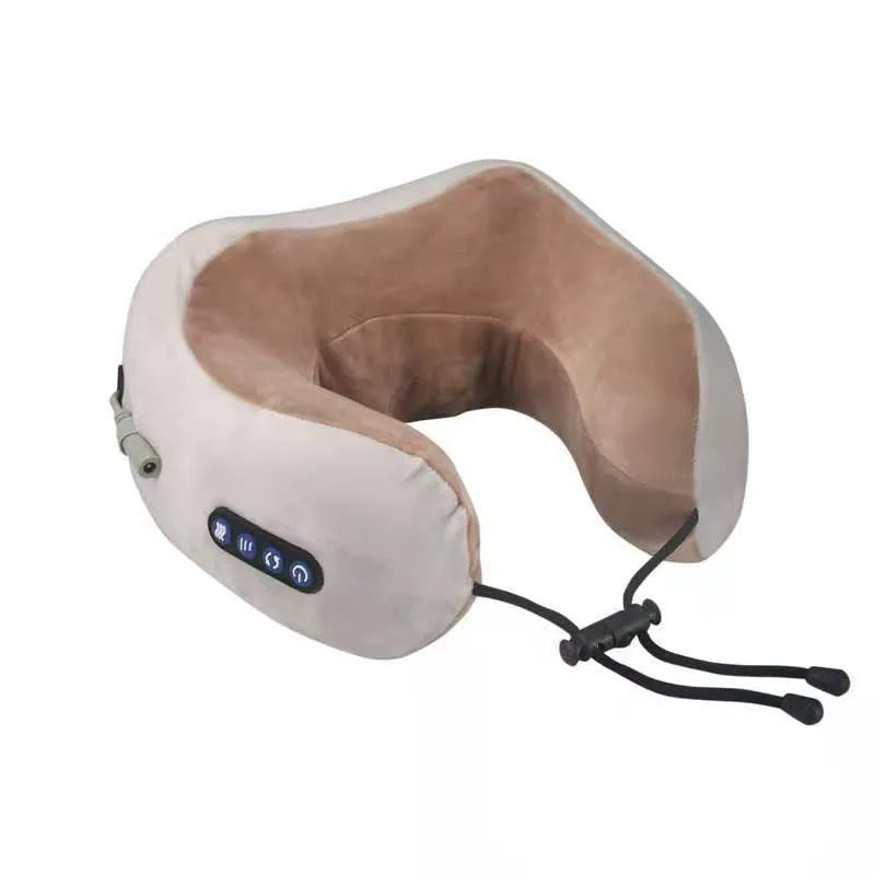 Brown U-shaped electric neck massage pillow with heat function and USB charging