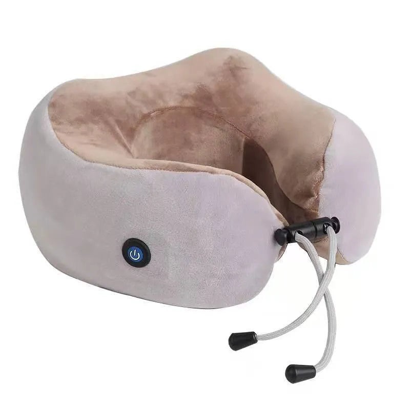 Brown U-shaped electric neck massage pillow with heat function and USB charging