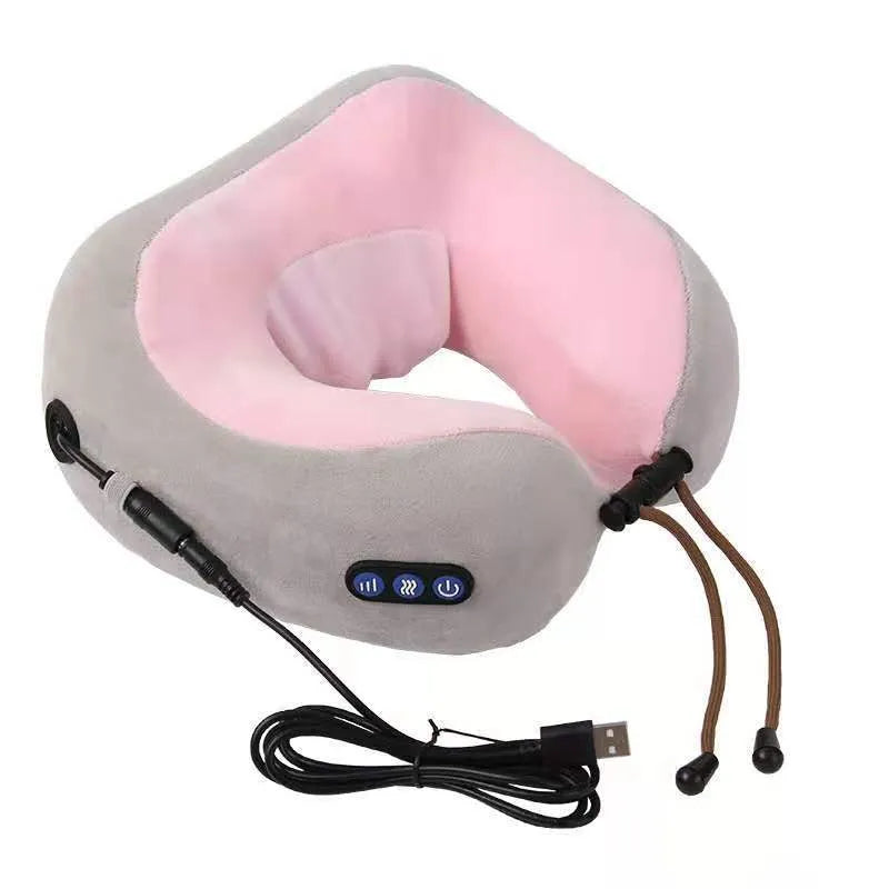 Brown U-shaped electric neck massage pillow with heat function and USB charging