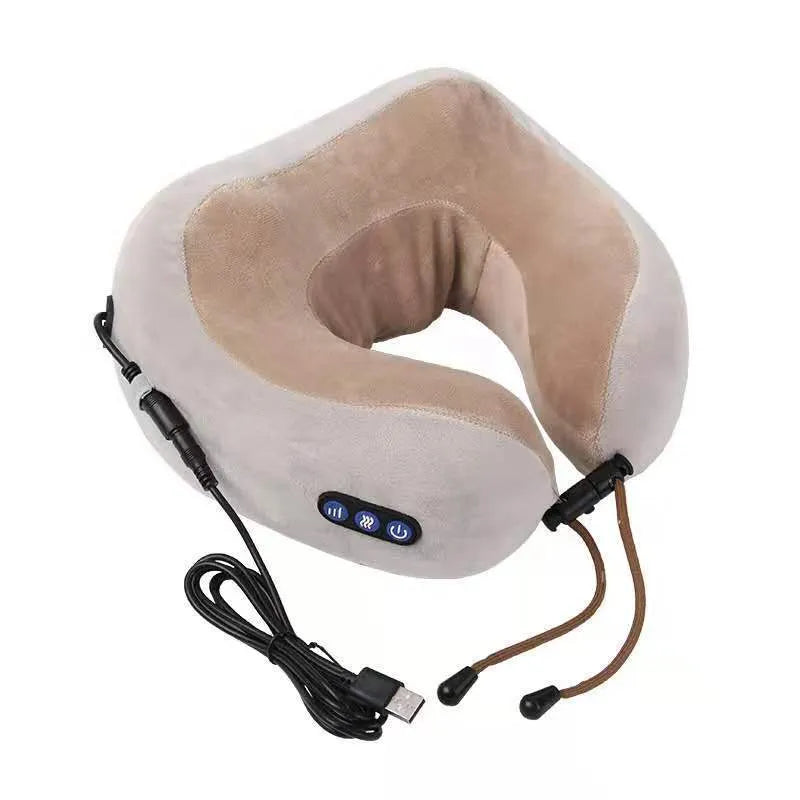 Brown U-shaped electric neck massage pillow with heat function and USB charging