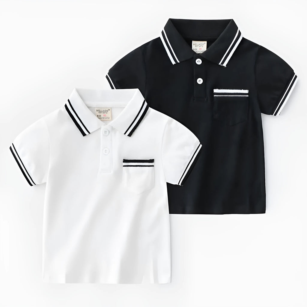 Boys short sleeve cotton polo shirt in white or black, sized for children 90cm to 130cm tall.