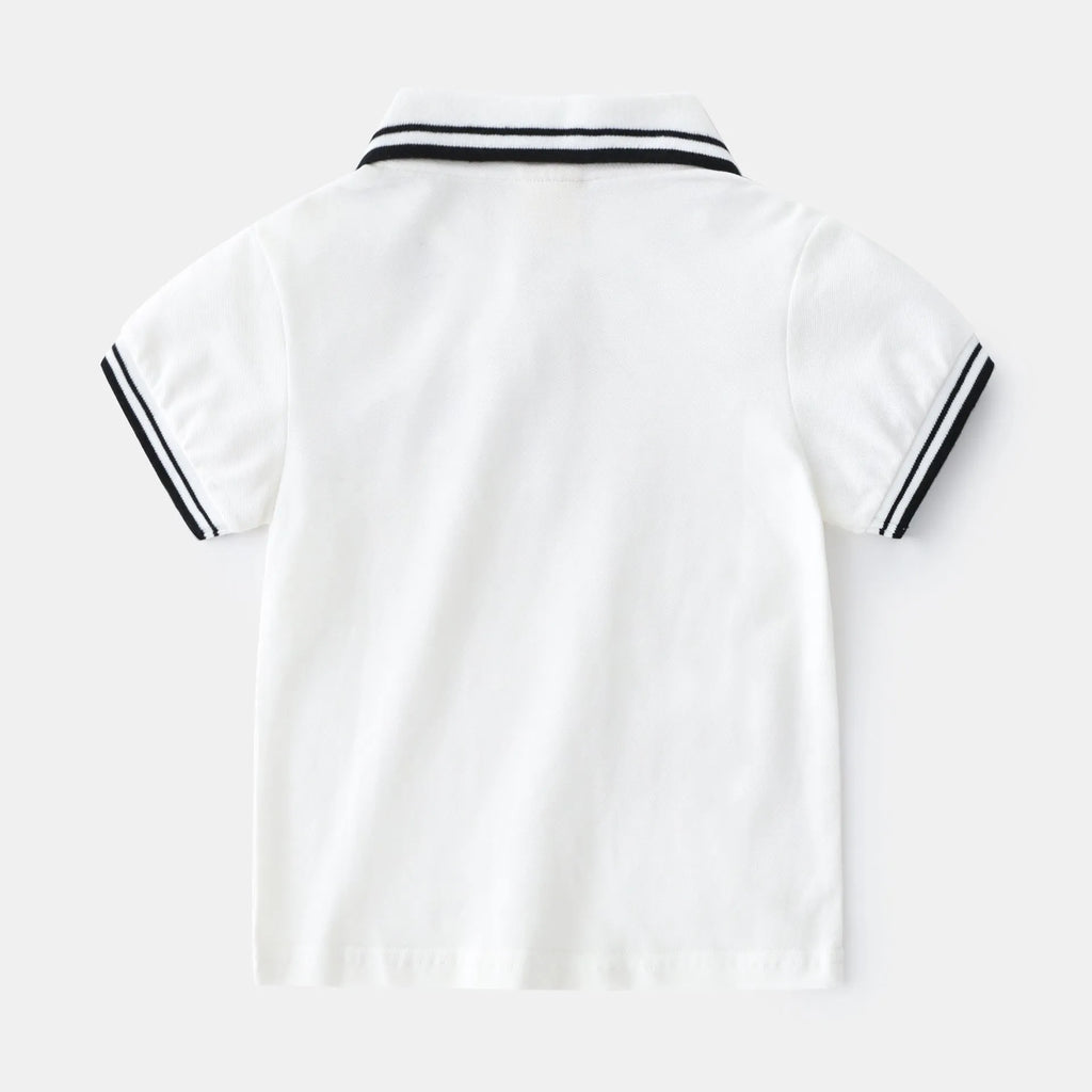 Boys short sleeve cotton polo shirt in white or black, sized for children 90cm to 130cm tall.