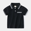 Boys short sleeve cotton polo shirt in white or black, sized for children 90cm to 130cm tall.