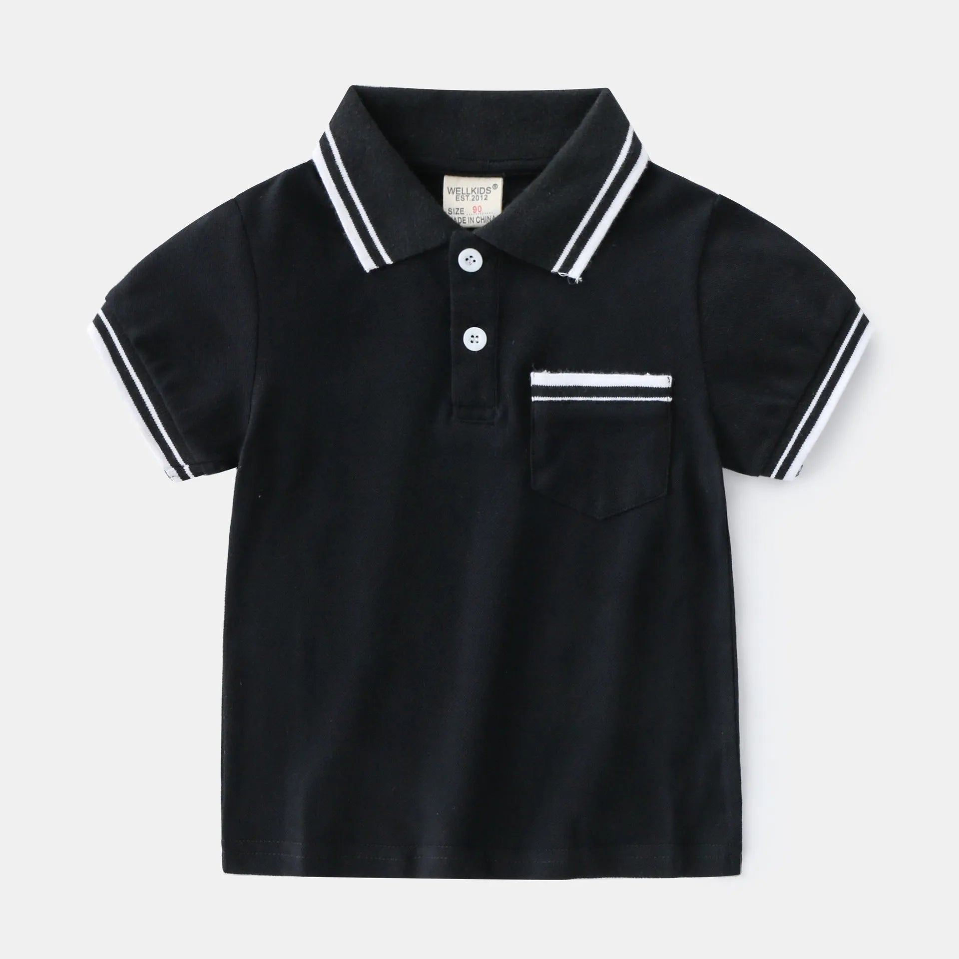 Boys short sleeve cotton polo shirt in white or black, sized for children 90cm to 130cm tall.