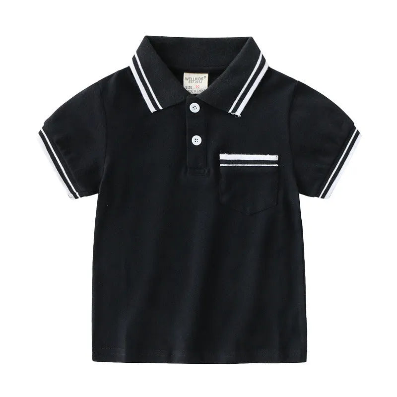 Boys short sleeve cotton polo shirt in white or black, sized for children 90cm to 130cm tall.
