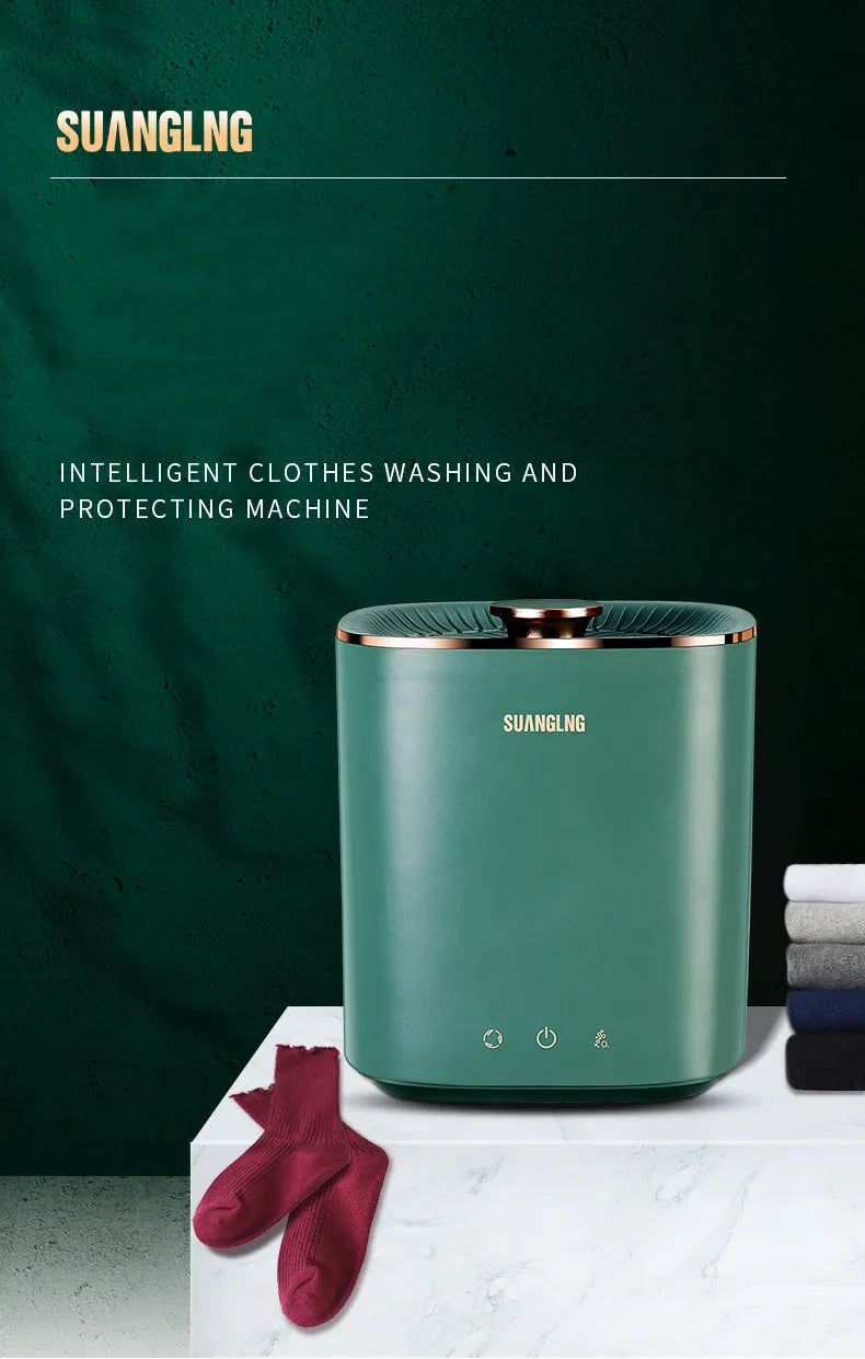 Green portable mini automatic washing machine for underwear and travel on a white surface.