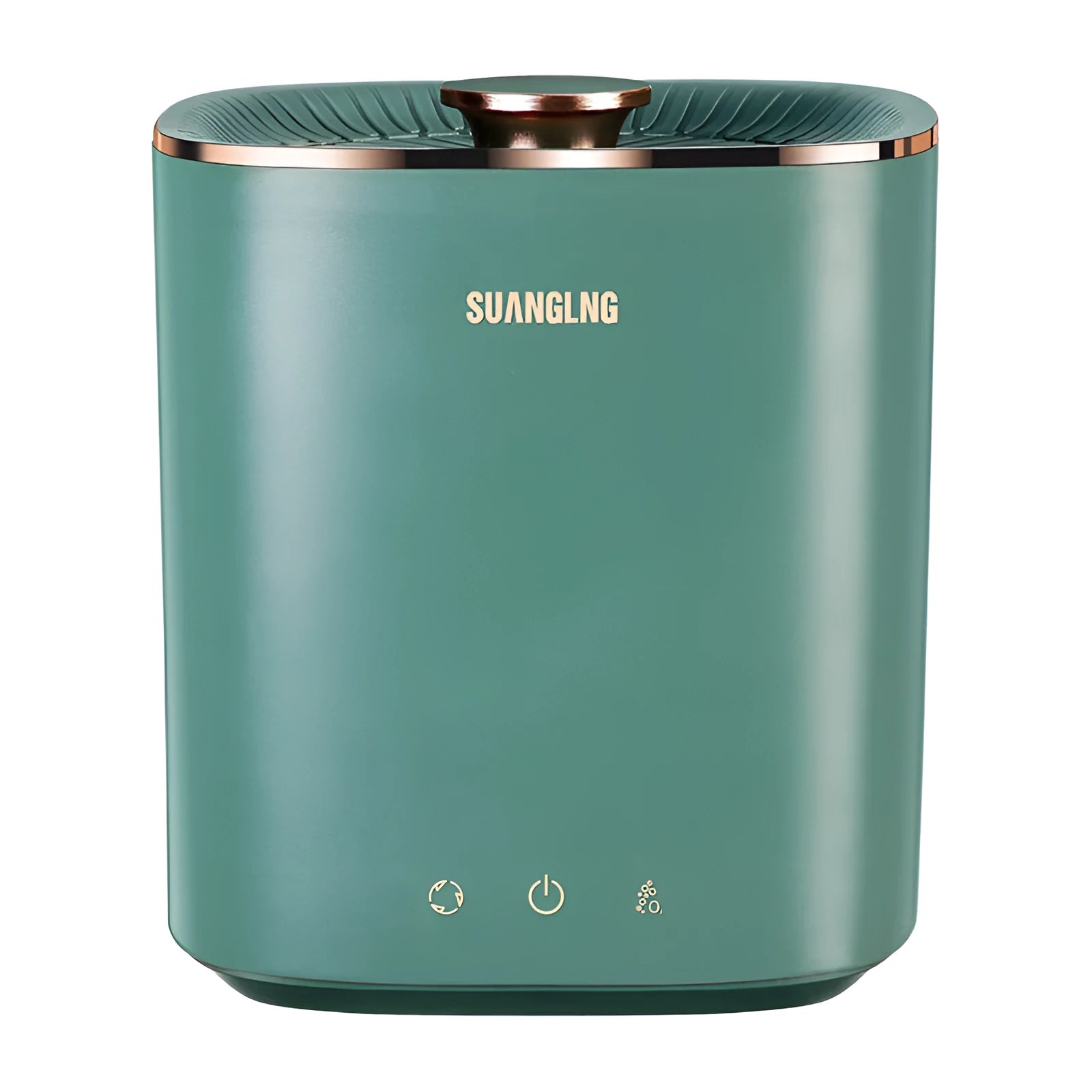 Green portable mini automatic washing machine for underwear and travel on a white surface.