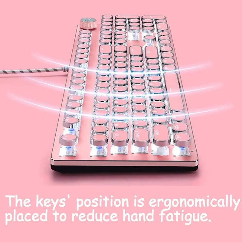 Silver and pink mechanical keyboard with green switches and USB cable connection