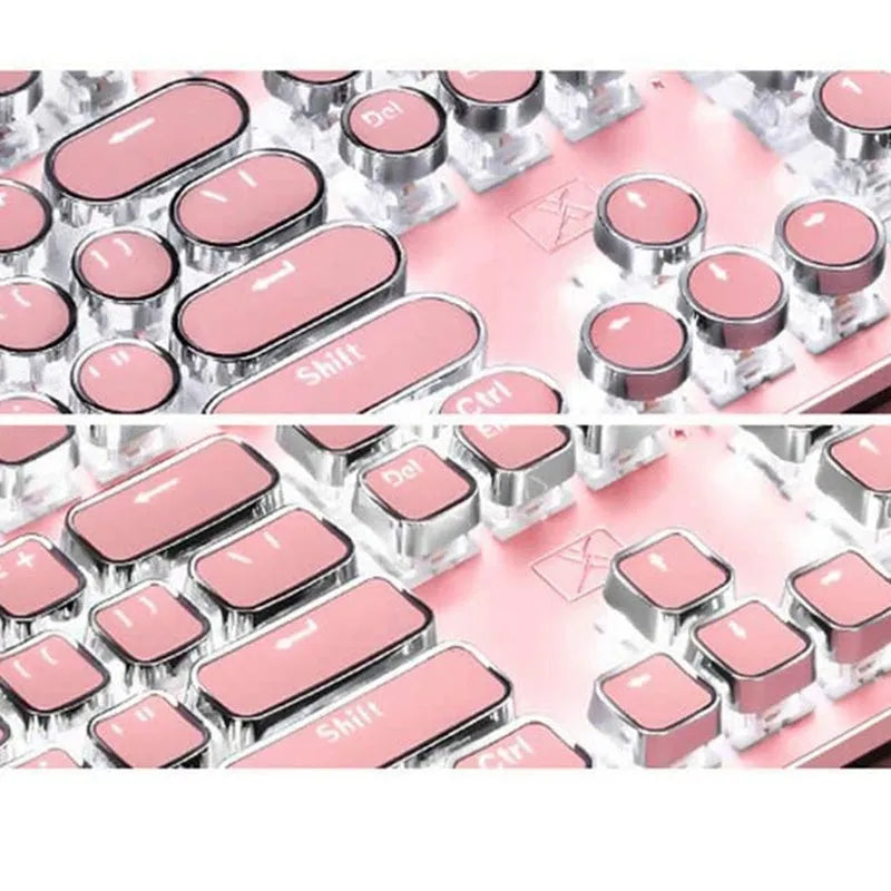 Silver and pink mechanical keyboard with green switches and USB cable connection