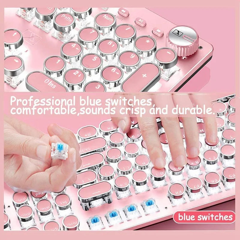 Silver and pink mechanical keyboard with green switches and USB cable connection