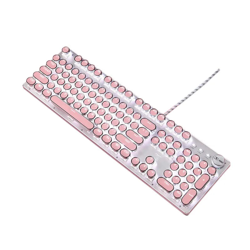 Silver and pink mechanical keyboard with green switches and USB cable connection