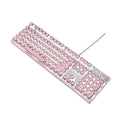 Silver and pink mechanical keyboard with green switches and USB cable connection