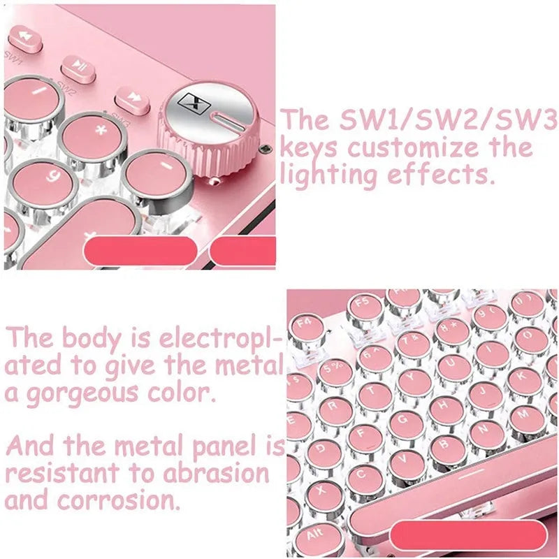 Silver and pink mechanical keyboard with green switches and USB cable connection