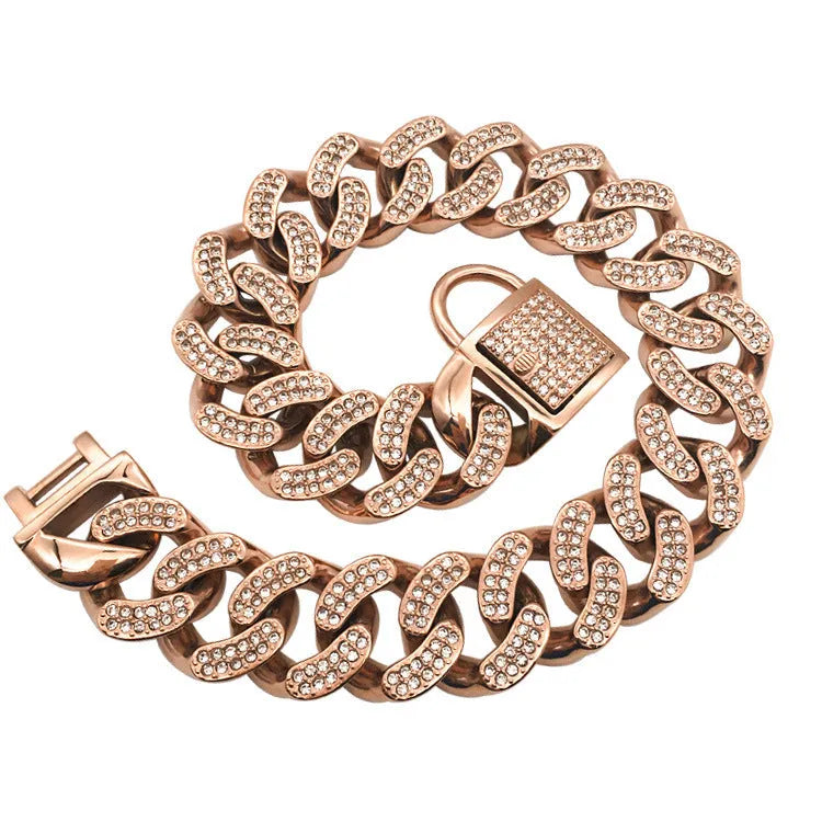 Stainless steel dog chain collar with diamond buckle head buckle in rose gold colour on white background