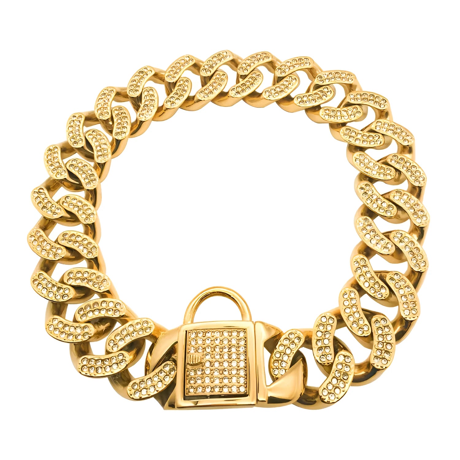 Stainless steel dog chain collar with diamond buckle head buckle in rose gold colour on white background