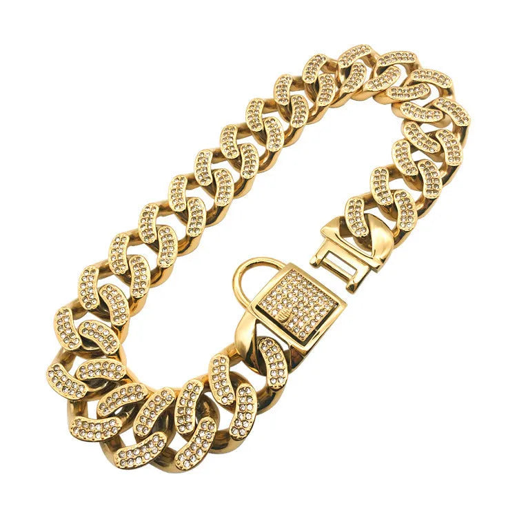 Stainless steel dog chain collar with diamond buckle head buckle in rose gold colour on white background