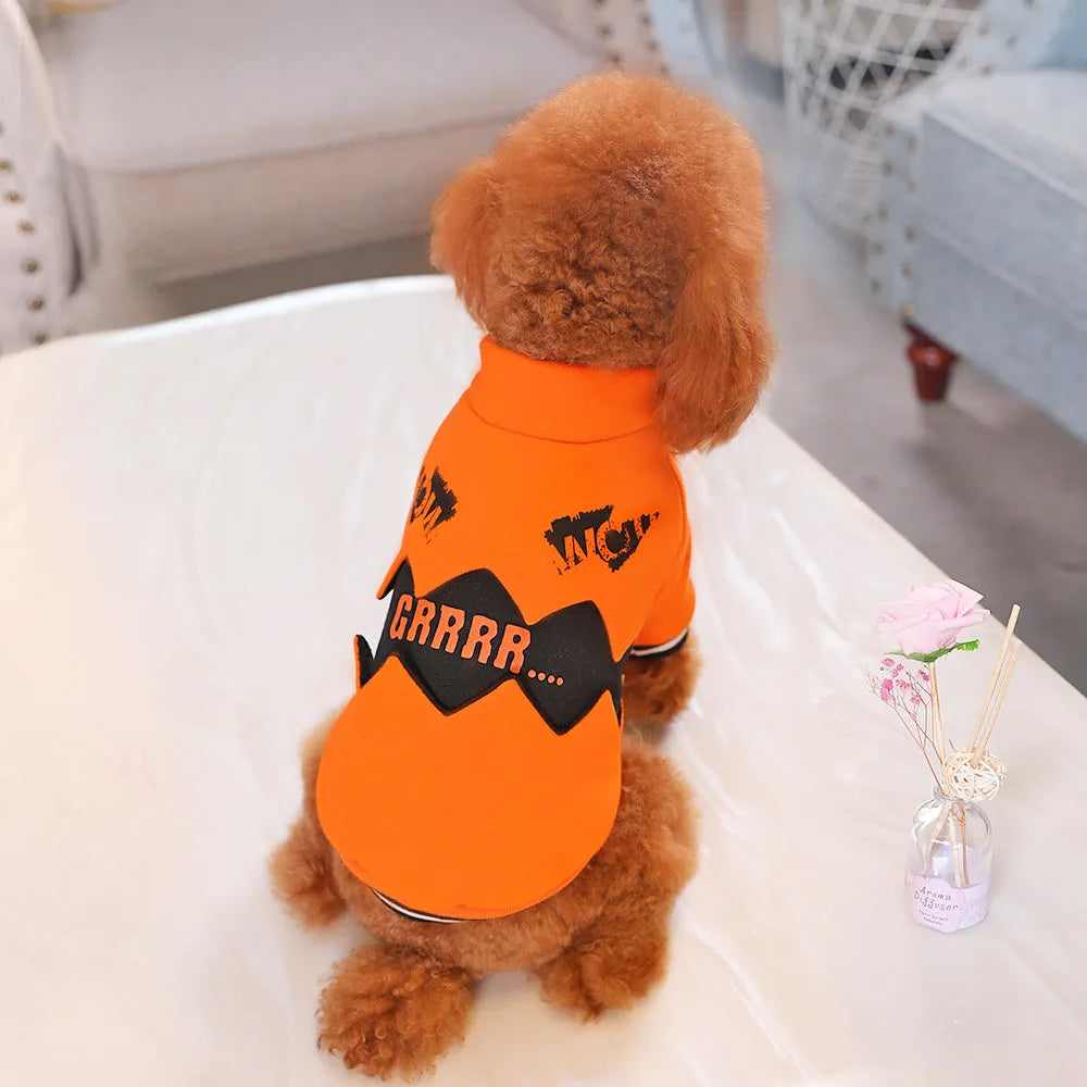 Orange cloth Halloween pumpkin costume for dogs shown on a pet with collar and back measurements from XS to XXL