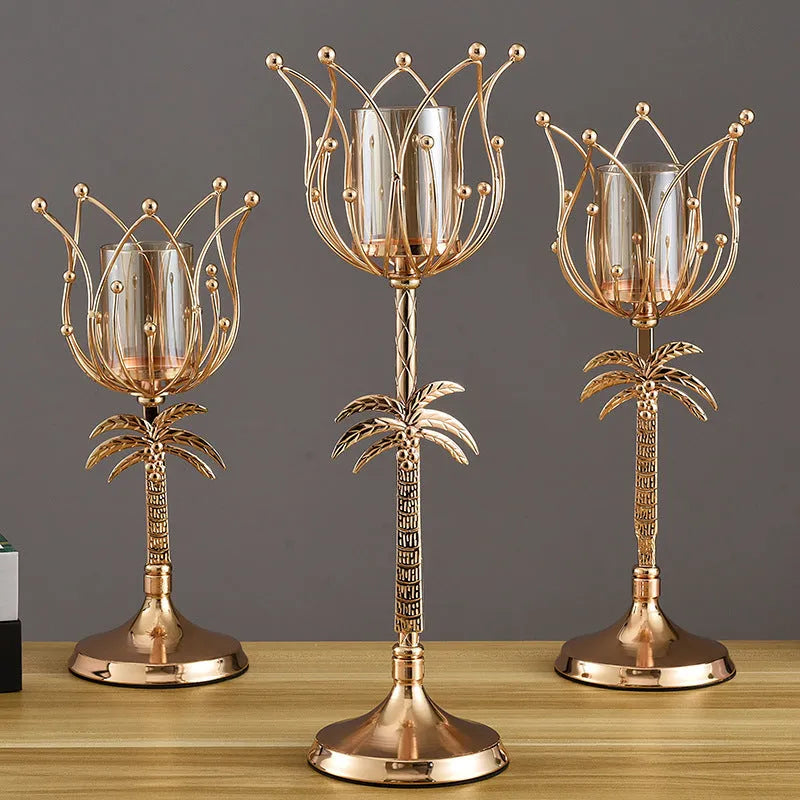 Gold iron candle holder S size 290mm on dining table as centrepiece for candle light dinner